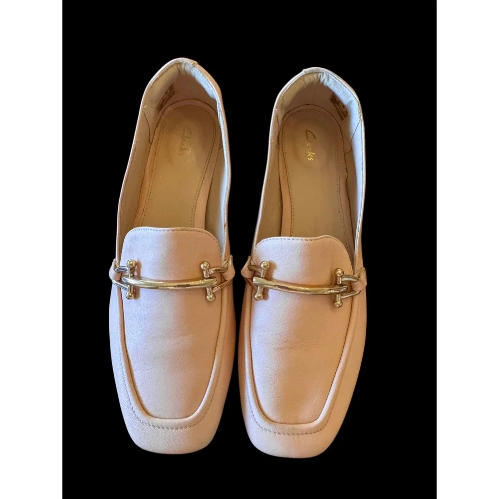 Clarks Womens Pure Block Leather Loafers 9 Blush Gold Hardware Comfort Classic‎
